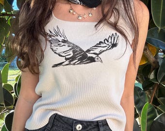 Turkey Vulture Block Print Tank – Hand Printed Artist Top – Upcycled Ribbed Beige Tank – Bird of Prey Graphic – One of a Kind Small