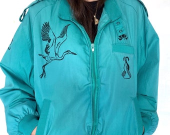 Heron Block-printed Racer Jacket // Bird Print // Turquoise Blue // Vintage // Egret // Punk