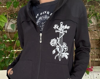Floral Sword Graphic Zip-Up | Upcycled Black Jacket | Handmade Print