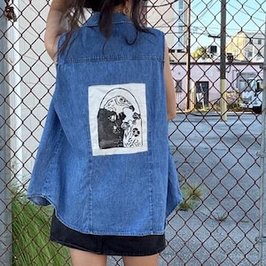 Upcycled Denim Vest – “Old Ironsides” with Sword & Bird Patches - Turkey Vulture Back Patch Block Print
