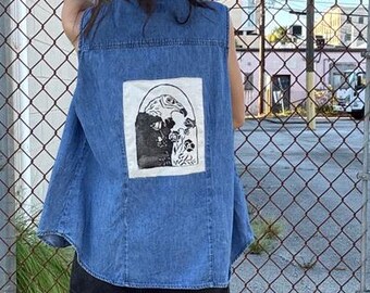 Upcycled Denim Vest – “Old Ironsides” with Sword & Bird Patches - Turkey Vulture Back Patch Block Print