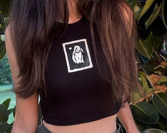 Bunny Rabbit Patch Shirt – Hand Printed Linocut Bunny Tank Top – Cute Punk Back Patch Tank – Lil Bun Relief Print  – 3"x4" Off-White Fabric