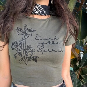Sword of the Spirit Baby Tee– Hand Printed Sword Wrapped in Flowers – Ephesians 6 Armor of God Shirt – Floral Graphic – Size Small