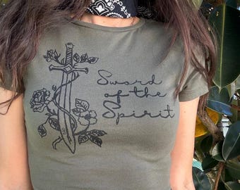 Sword of the Spirit Baby Tee– Hand Printed Sword Wrapped in Flowers – Ephesians 6 Armor of God Shirt – Floral Graphic – Size Small