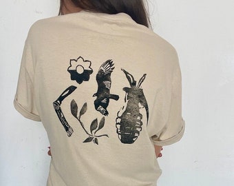Sparrow & Symbol Graphic Tee – Hand Printed Linocut Shirt – Olive Branch, Vulture, Grenade, Reimagined WWII Patch – One of a Kind Medium