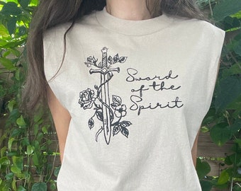 Sword Wrapped in Flowers Tank Top // Sword of The Spirit // Armor of God // Floral // Handmade // Screenprint // Back Patch // Mini Patch