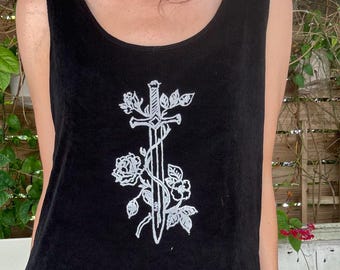 Reworked Black Tank with Floral Sword Print | Hand-Printed Graphic Top