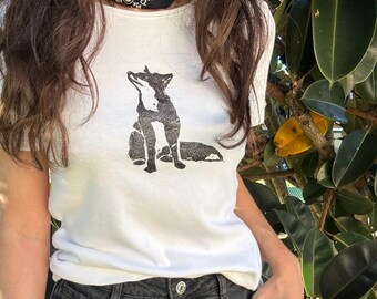 Fox White Tee – Hand-Printed Block Print Shirt