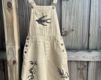 Hand-printed Linocut Overalls // Sparrow // Flowers // Olive Branch // Beige // Denim // Patchwork Style  // Sustainable // Upcycle // Small