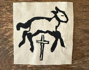 Lamb of God Patch – Hand Printed Linocut Mini Patch – Cross & Dove Design – Relief Print Fabric Patch – “Worthy Is the Lamb” – Christian Art