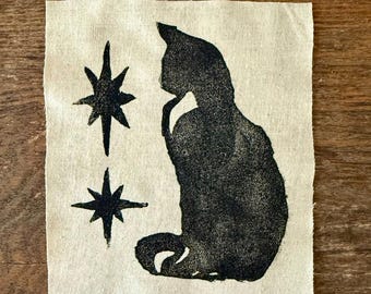 Cat Drawing // Back Patch // Punk Patch // Relief Print // Linocut // Kitty // Feline // Stars
