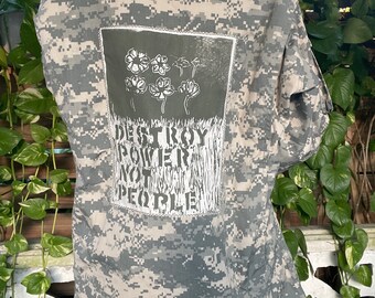 Destroy Power Not People Camo Jacket – Digital Camouflage Military Shirt – Air Force Rework – Punk Back Patch – Crass-Inspired – Medium