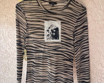 Turkey Vulture Patch Shirt // Zebra Stripes // Mesh Long Sleeve // Y2K // Punk Patch // Back Patch // Bird of Prey // Scavenger