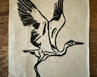 Hand-Printed Heron Patch – Original Linocut Design
