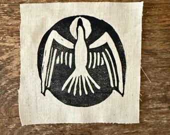 Dove Block Print Patch – Hand Printed Holy Spirit Patch – Turtle Dove / Rain Dove Design – Christian Back Patch – Punk Linocut Bird Art