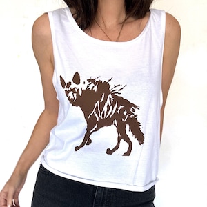 May include: White sleeveless tank top with a brown graphic print of a hyena.