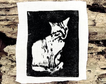 Cat Linocut Patch – Hand Printed Back Patch – “Mini” Feline Relief Print – Punk Kitty Art – 3" x 5" Lightweight Fabric