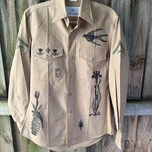 Block Print Army Shirt – Hand Printed Khaki Jacket – Sparrow, Grenade, Bunny, Iris & Stars – Punk Patchwork Graphic – One of a Kind Vintage