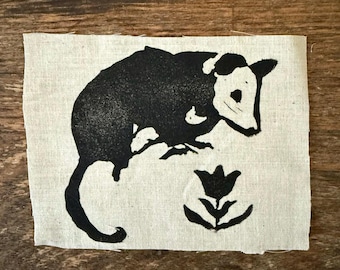 Hand-Printed Opossum Patch with Wildflower – Linocut Art on Fabric