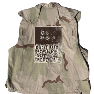 Beige & Brown Military Camo Vest – Destroy Power Not People Back Patch – Punk Army Vest – Cosmos Flower Print – Crass-Inspired  Small/Medium