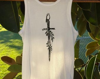 Sword Wrapped in Flowers Tank – Hand Printed Christian Graphic – Ephesians 6:17 – “Sword of the Spirit” – One of a Kind White Tank Sheer