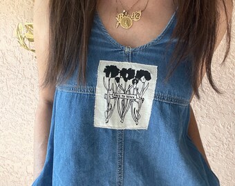 Free to Think Patch Denim Dress // Frayed // Blue Jean // Punk Patch // Art Deco Drawing // Handprinted // Patchwork Dress // Small