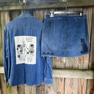 Skeleton & Sunflower Denim Set – Jean Shirt + Block Print Skirt – Skull Patch, Knife, Birds, Grenade – One of a Kind Punk Vintage Set