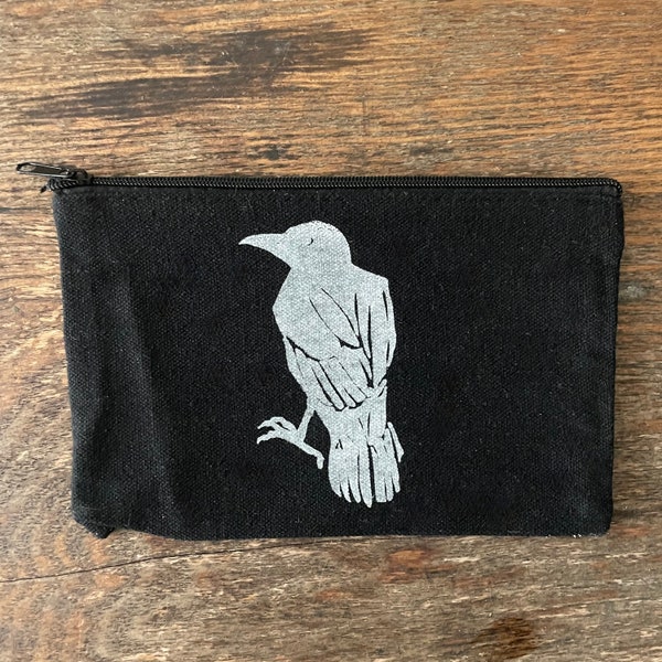 Crow Hand Printed Zip Pouch // Makeup Bag // Pencil Pouch // Pen Case // Change Purse // Zipper // Live Free // Fly Free // Bird