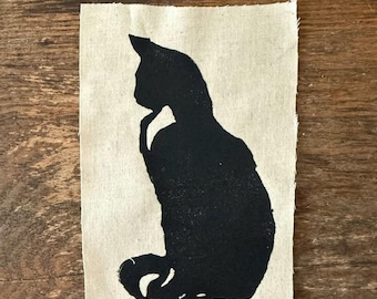 Cat Linocut Patch – Hand Printed Back Patch – Punk Kitty Relief Print – Feline Drawing on Lightweight Fabric – 4.5" x 6.5"