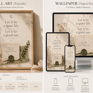 Könnte beinhalten: Ein digitales Wandkunst- und Hintergrundbild-Set mit dem Text Let it be a quiet life. Let it be a good one. Das Design enthält einen Zettel aus zerrissenem Papier mit dem Text Slow down. Breathe. You're doing fine. und ein grünes Wachssiegel.