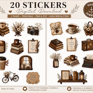Könnte beinhalten: Ein digitales Download-Set mit 20 Aufklebern, die braun getönte Illustrationen von Kaffeetassen, Büchern, einer Kamera, einem Fahrrad, einer Schreibmaschine, einer Laterne und Blumen zeigen. Der Text enthält Phrasen wie Focus Plan Do Repeat und Enjoy the little things.