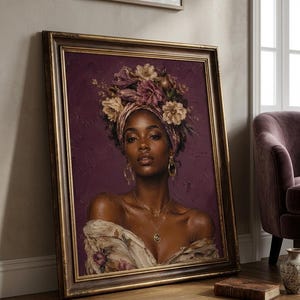 May include: A framed oil painting featuring a portrait of a person with dark skin wearing a floral headwrap and a draped off-the-shoulder garment. The subject is adorned with gold hoop earrings and a layered necklace against a deep purple background.