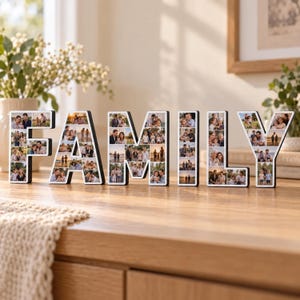 May include: A freestanding wooden sign spelling the word FAMILY in block letters. Each letter is filled with a collage of small, rectangular colour photographs featuring various groups of people in outdoor and indoor settings.