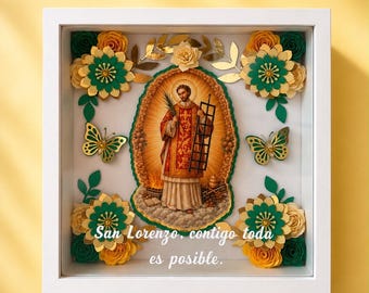 Personalized framed print with dedication and 3D cardboard flowers, 20x20x4cm. Saint Lawrence is the patron saint in the image.