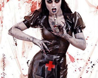 May include: A woman dressed as a nurse with a red cross on her hat and a black latex dress. She is holding a syringe and has a bloody background. The text "HOUSE OF SCARLET" is at the top of the image.