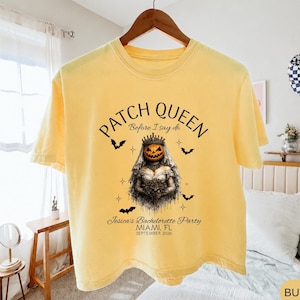 Custom Patch Queen Before I Do Boxy Tee, Halloween Pumpkin Patch Bachelorette Party Crop Top, Spooky Bride Crew Matching Shirts