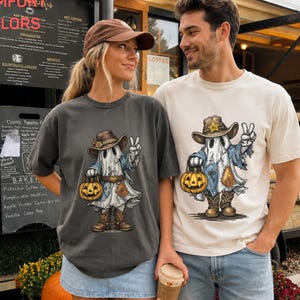 Cowboy & Cowgirl Ghost Halloween Shirts, Matching Comfort Colors® Couple Tees, Retro Western Spooky Season Outfit