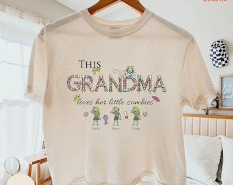 Retro Zombie Grandma Halloween Boxy Cropped Tee, Custom Grandkids Names Comfort Colors Shirt, Spooky Season Grandma Tee, Family Holiday Gift