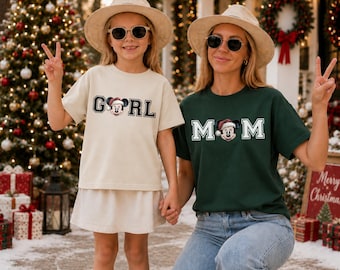 Retro Disney Mommy and Me Christmas Shirts, Disneyland Mama Mini Matching T-Shirts, Mom Girl Christmas Disney Holiday Vacation Tee