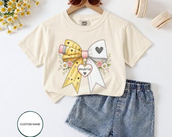 Personalized School Bow Shirt, Custom Name Back to School Tee, First Day of School Shirt, Cute Teacher Student Gift Comfort Colors® Tee