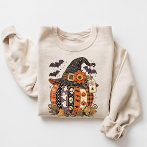Retro patchwork pompoen Halloween-sweatshirt, shirt met heksenhoed en pompoen, vintage griezelig herfst-trui met ronde hals