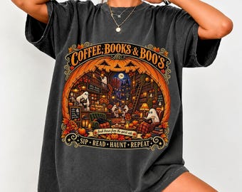 Retro Coffee Books & Boos Halloween Shirt, Vintage Bookish Ghost Tee, Spooky Reader Fall Comfort Colors T-Shirt, Coffee Lover Halloween Gift