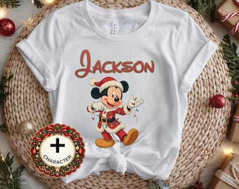 Retro Disney Christmas Shirt, Santa Mickey and Friends Tee, Custom Name Christmas Shirt, Matching Family Shirts, Disneyland Holiday Tshirt