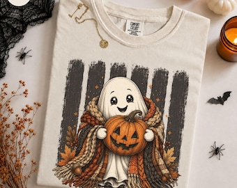 Cute Ghost Pumpkin Halloween Shirt, Cozy Fall Comfort Colors Tee, Spooky Season Graphic Shirt, Vintage Autumn Ghost Tee