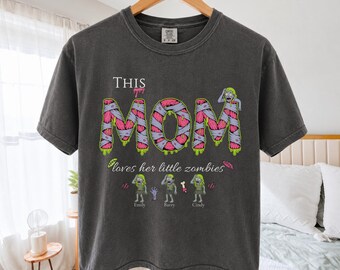 Personalized Zombie Mom Halloween Boxy Cropped Tee, Custom Kids Names Shirt, Mombie Mom Life Comfort Colors Tee, Spooky Season Crop Top