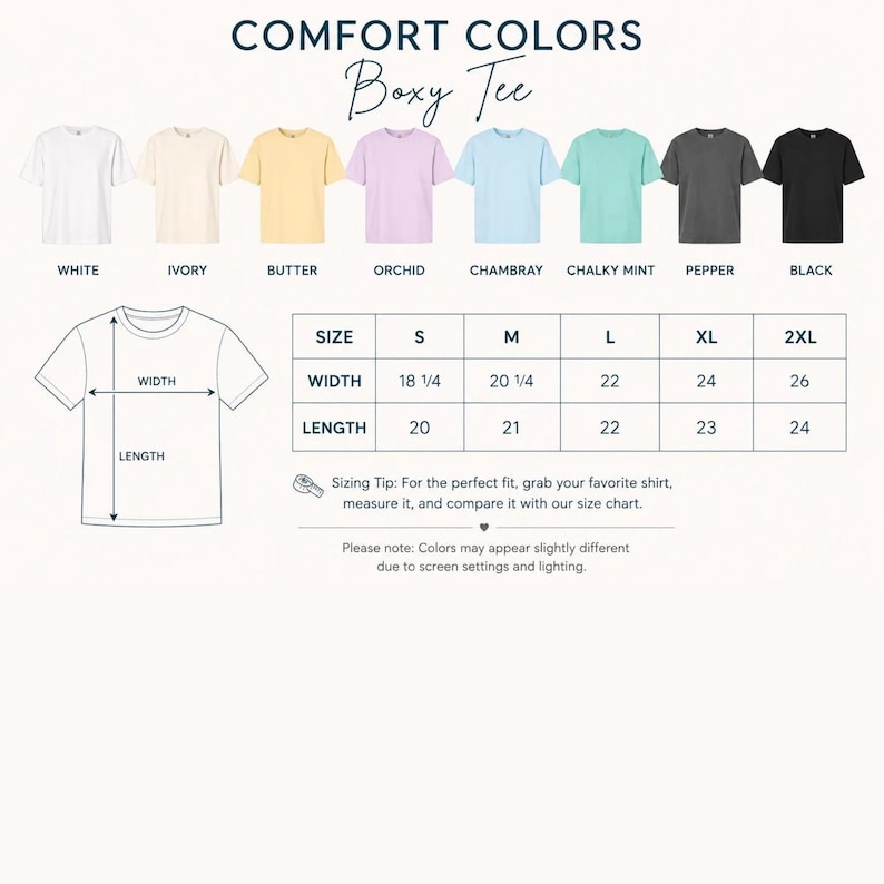 Op de afbeelding: Een Comfort Colors boxy t-shirt kleurenkaart met acht shirts in wit, ivoor, boter, orchidee, chambray, chalky mint, peper en zwart. Een maattabel bevat breedte- en lengtematen in inches voor de maten S tot en met 2XL.