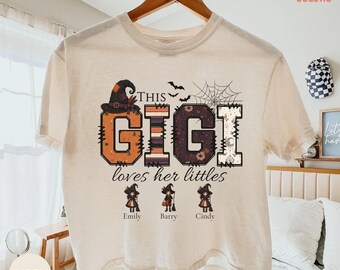 Personalized Gigi Halloween Boxy Cropped Tee, Custom Grandkids Names Shirt, Spooky Gigi Witch Tee, Comfort Colors Grandma Fall Crop Top