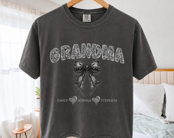 Personalized Grandma Boxy Cropped Tee, Custom Grandkids Names, Black Lace Bow Comfort Colors Tee, Coquette Grandma Gift
