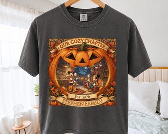 Retro Disney Fall Boxy Tee, Mickey and Friends Pumpkin Library Cropped Tee, Comfort Colors Custom Family Disneyland Trip Books & Coffee Tee