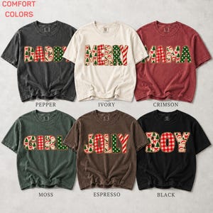 Retro Patchwork Christmas Shirts, Comfort Colors Custom Family Tag Tee, Santa Plaid Xmas Matching T-Shirts, Christmas Crew Holiday Outfits